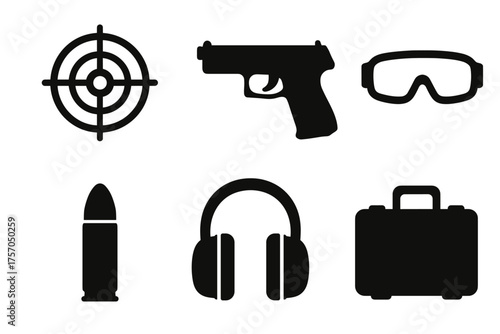 Shooting equipment icons: target, pistol, goggles, bullet, headphones, case