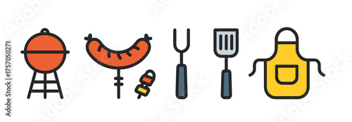 Barbecue essentials: grill, sausage, skewer, fork, spatula, apron icons