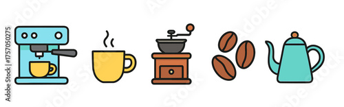 Coffee brewing icons: espresso machine, mug, grinder, beans, and teapot