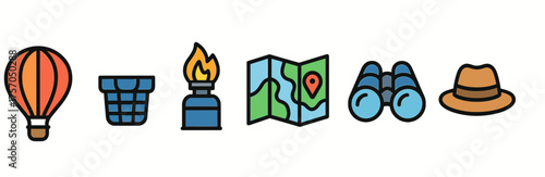 Adventure icons: hot air balloon, campfire, map, binoculars, hat