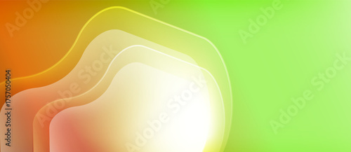 Abstract background features flowing shapes, vibrant orange, yellow, green hues. Smooth gradients create dynamic visual effect.