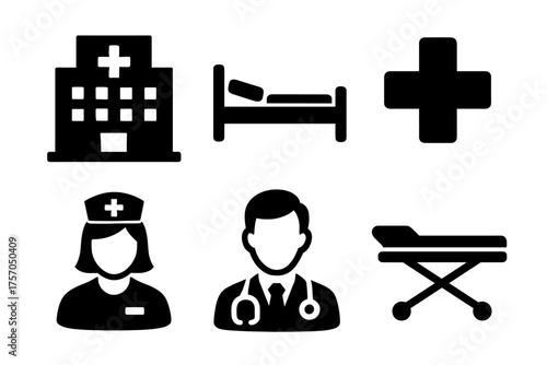 Medical icons set with hospital, nurse, doctor, and bed symbols