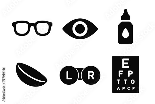 Eye care icons set: glasses, eye, eye drops, contact lens, vision test