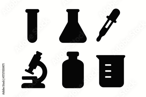 Black science lab equipment icon set including microscope and test tubes
