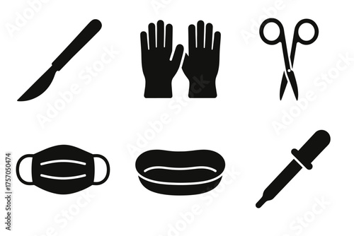 Silhouette icons of medical tools: scalpel, gloves, scissors, mask, basin, dropper