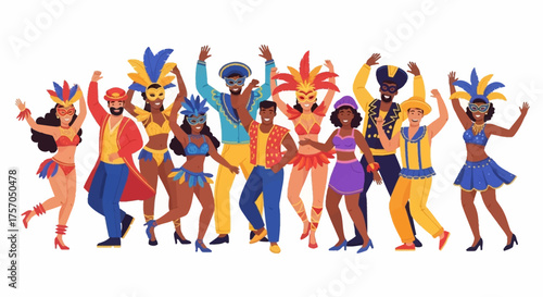 Vibrant diverse group in festive carnival costumes, joyfully dancing and celebrating a lively parade with colorful feathers and sequins
