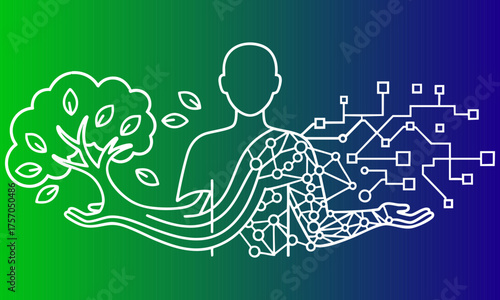 Eco Technology Meditation Vector Illustration of Human Head with Green Leaf Growth and Digital Circuit Connection Symbolizing Mindfulness, Nature Balance and Modern Innovation.