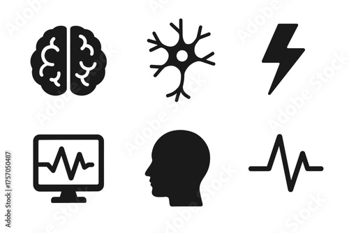 Brain and neurology icons: brain, neuron, electricity, monitor, head, heartbeat