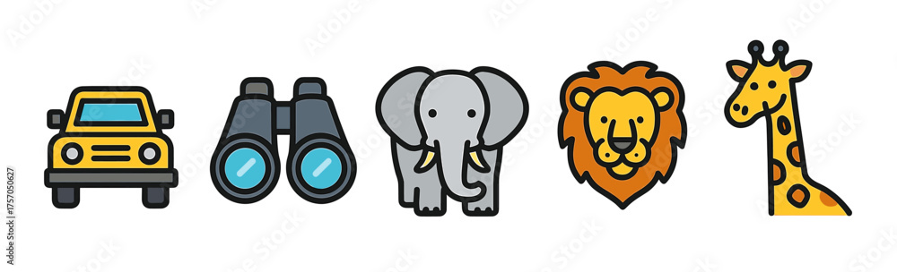 Obraz premium Colorful cartoon safari animals and items collection with jeep and binoculars