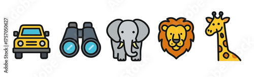 Colorful cartoon safari animals and items collection with jeep and binoculars