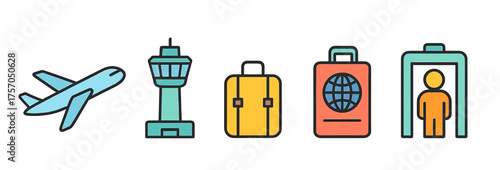 Airport travel icons: airplane, control tower, luggage, passport, security scan