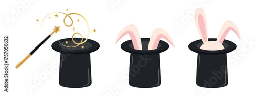 Magic wand with a hat and white rabbit ears. Vector of a magic trick with a white rabbit in a hat.