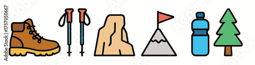Hiking essentials: boots, poles, rock, mountain, water, tree icons