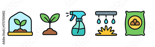 Gardening essentials: greenhouse, seedling, spray bottle, irrigation, fertilizer icons