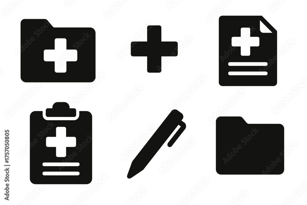 Obraz premium Healthcare icons: medical documents, clipboard, medicine symbol, pen and folders