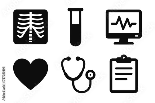 Medical icons set: x-ray, test tube, heartbeat, heart, stethoscope, clipboard