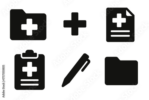 Healthcare icons: medical documents, clipboard, medicine symbol, pen and folders
