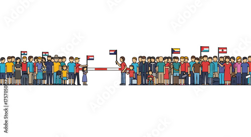 Border Crossing Diverse Crowd with Flags, Barriers, and Cross-Border Movement Illustration