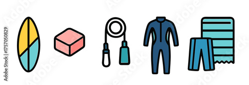 Surf gear icons: surfboard, wax, jump rope, wetsuit, towel