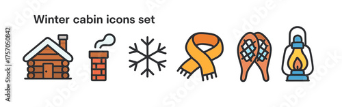 Winter cabin icons featuring log house, chimney, snowflake, scarf, snowshoes, lantern