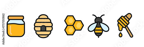 Honey jar, beehive, honeycomb, bee, honey dipper icons in cartoon style