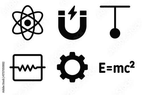 Set of physics symbols: atom, magnet, pendulum, circuit, gear, equation