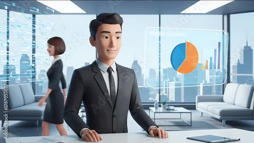 Animated Business Professionals with Data Visualization in a Modern Office