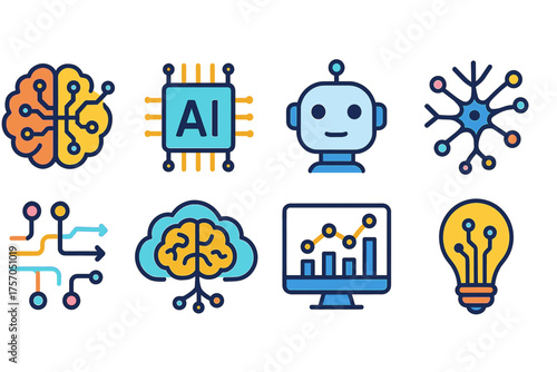 Artificial intelligence icons: brain, ai chip, robot, neural network, analysis, innovation