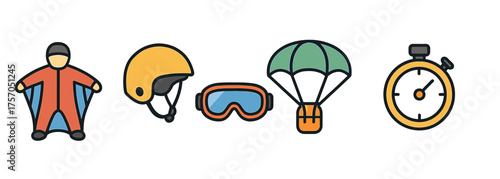 Cartoon skydiving gear icons: wingsuit, helmet, parachute, goggles, timer