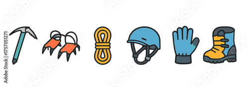 Essential ice climbing gear: tools, helmet, rope, gloves, boots