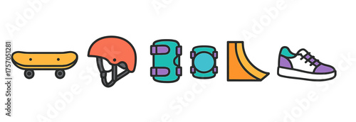 Colorful skateboarding icons: skateboard, helmet, pads, ramp, shoe