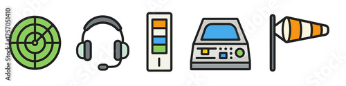 Colorful air traffic control icons: radar, headset, console, windsock