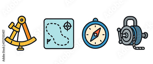 Nautical icons collection: ship wheel, sextant, map, compass, anchor winch illustrations