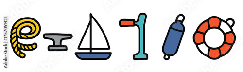 Colorful nautical icons featuring rope, anchor, sailboat, winch, fender, and lifebuoy