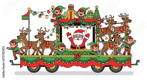 A festive cartoon Christmas parade float featuring Santa Claus, cheerful elves, and his team of reindeer