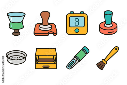 Various coffee preparation tools and equipment for brewing and tamping