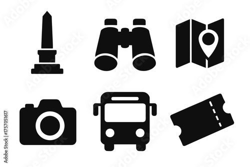 Travel icons: monument, binoculars, map, camera, bus, ticket silhouettes