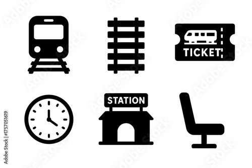 Train icons: train, tracks, ticket, clock, station, seat