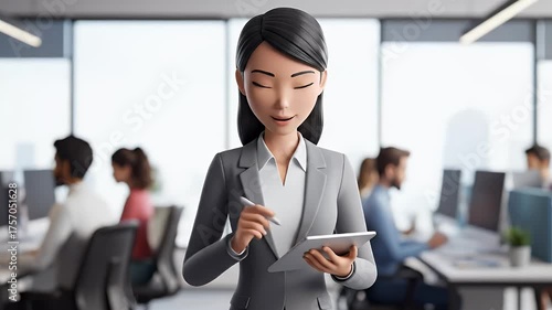 Asian Businesswoman Using Tablet in Modern Office Environment