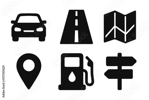 Car travel icons: vehicle, road, map, location, fuel, directions