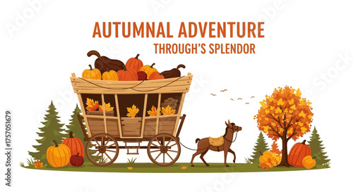 A rustic wooden cart pulled by a horse carries a bountiful autumn pumpkin harvest through a colorful fall landscape