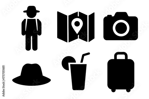 Travel icons: map, camera, hat, beverage, luggage, male figure in hat