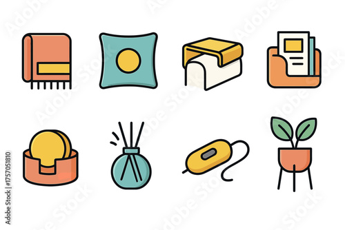 Simple and colorful home items collection: blanket, pillow, air freshener, plant, mouse