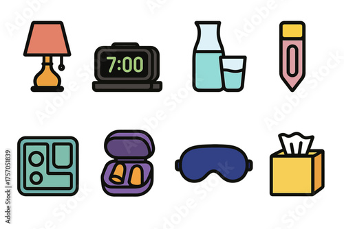 Bedside essentials: lamp, alarm, carafe, pencil, earplugs, sleep mask, tissue