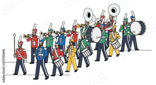 A vibrant and colorful marching band of musicians playing brass and percussion instruments during a parade procession