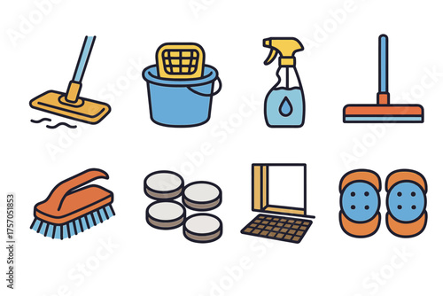 Cleaning supplies icons: mop, bucket, spray bottle, brush, sponge, window
