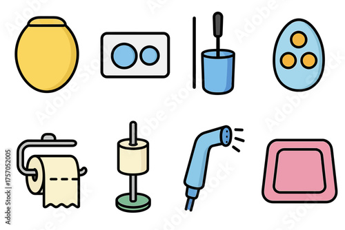 Bathroom icons set: toilet paper, soap dispenser, bidet, mirror, egg holders