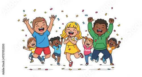 Diverse group of happy children celebrating with confetti and arms in the air
