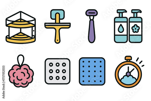Colorful bathroom icons featuring shelving, squeegee, razor, soap, and timer