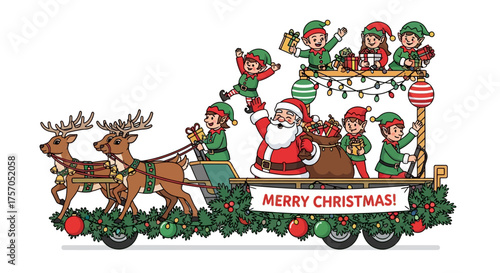Cheerful cartoon vector illustration of Santa Claus, elves, and reindeer on a festive Christmas parade float